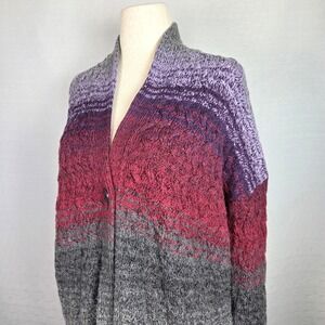 J.Jill Cable Knit Open Front‎ Cardigan Sweater Cozy Duster Purple Gray Women's S